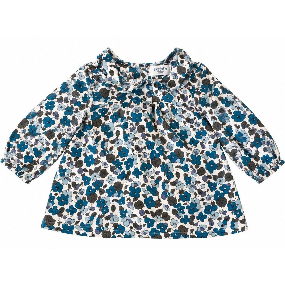 Baby Boden Girls 6-12M Floral Blouse Top Blue Teal Ruffle 100% Cotton